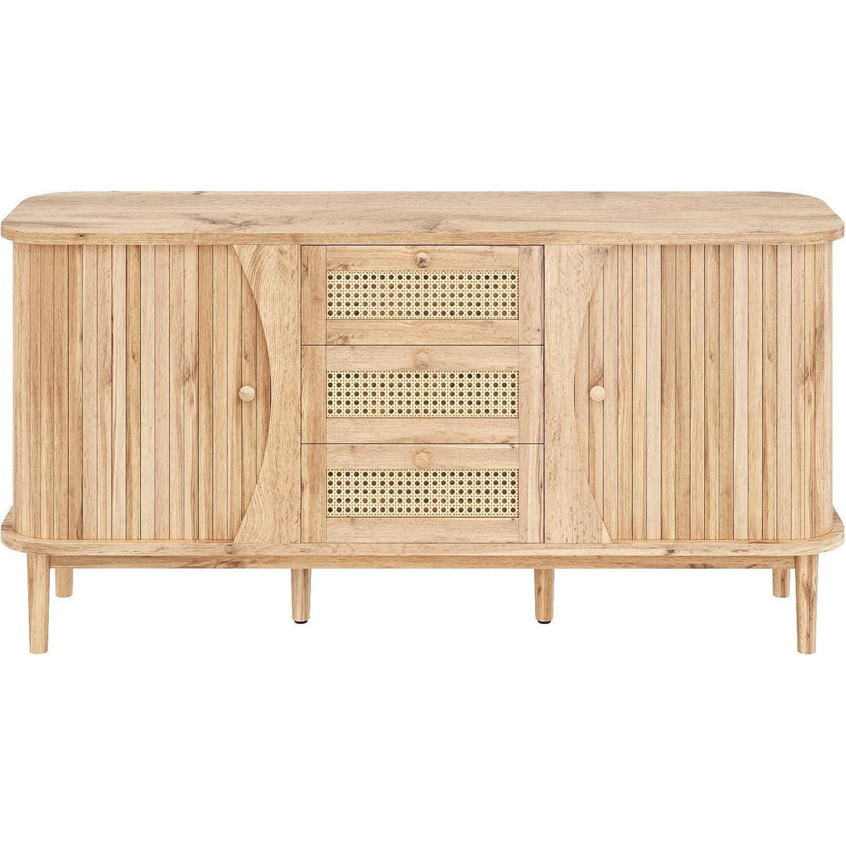 Schmale Kommode mit Rattan Schubladen & Türen – Multifunktions Sideboard