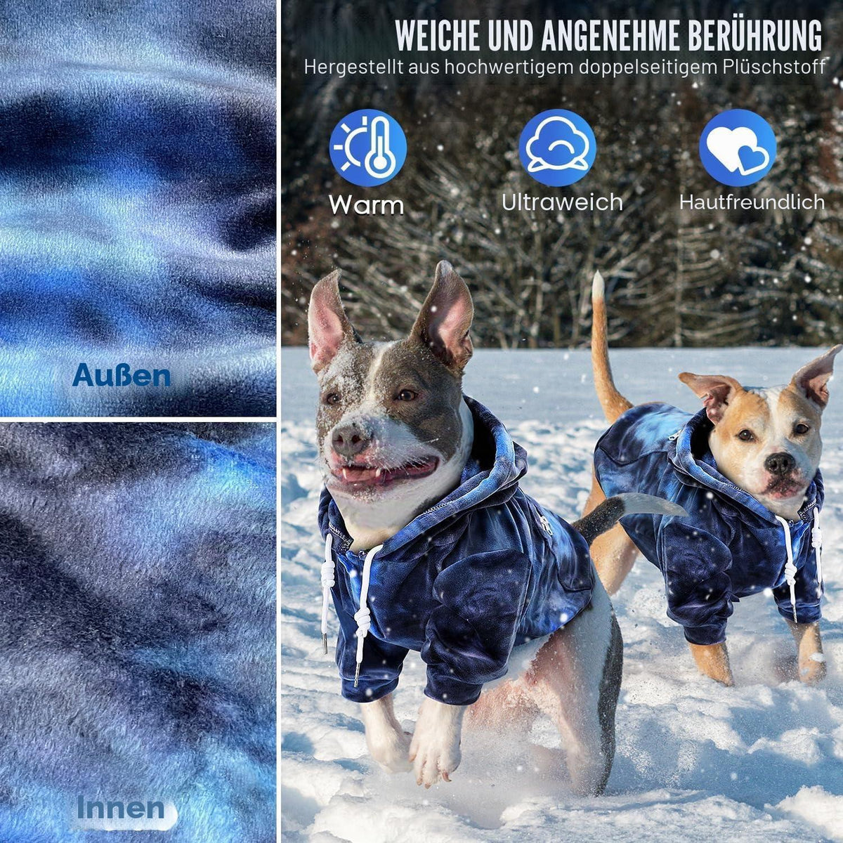 Warmer Hunde Hoodie Flanell mit Leinenloch & Tasche, Orange-Blau Medium