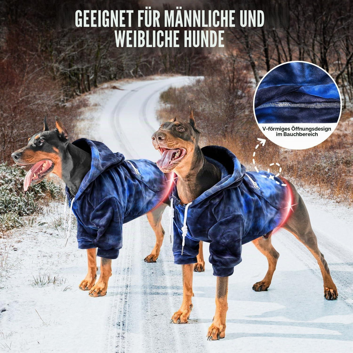 Warmer Hunde Hoodie Flanell mit Leinenloch & Tasche, Orange-Blau Medium