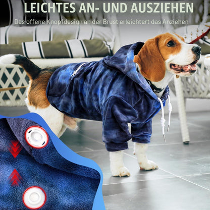 Warmer Hunde Hoodie Flanell mit Leinenloch & Tasche, Orange-Blau Medium