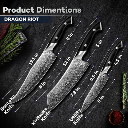 3-teiliges Damastmesser-Set | Japanische Küchenmesser für Profi & Hobby