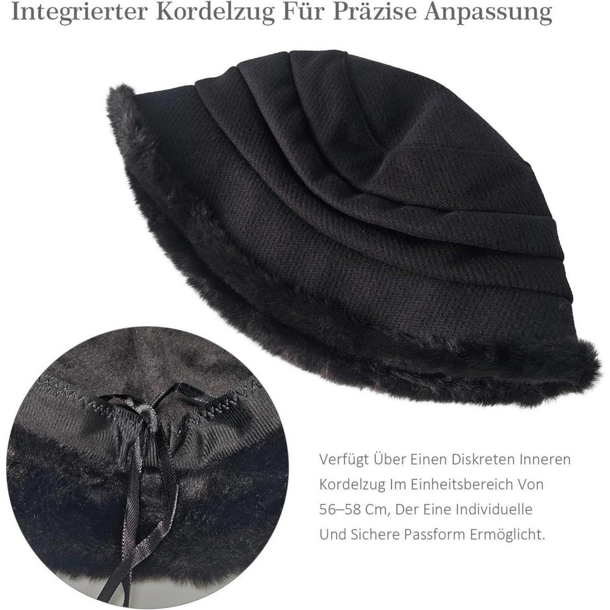 Warmer Damen Fischerhut Winter Vintage Glockenhut Schwarz