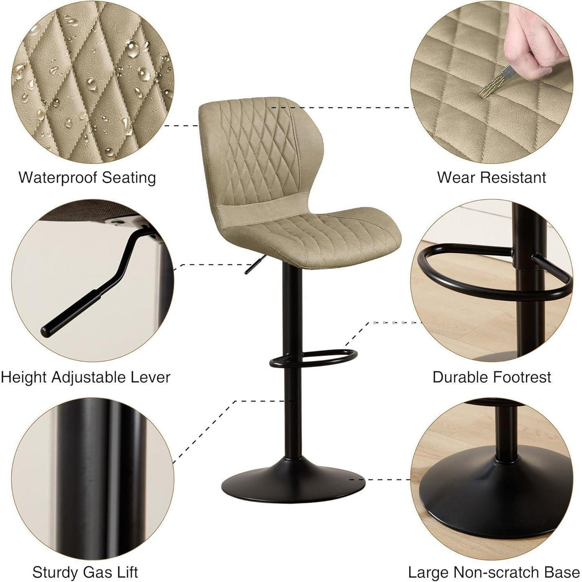 Barhocker mit Lehne, Höhenverstellbar, Khaki, 3er-Set