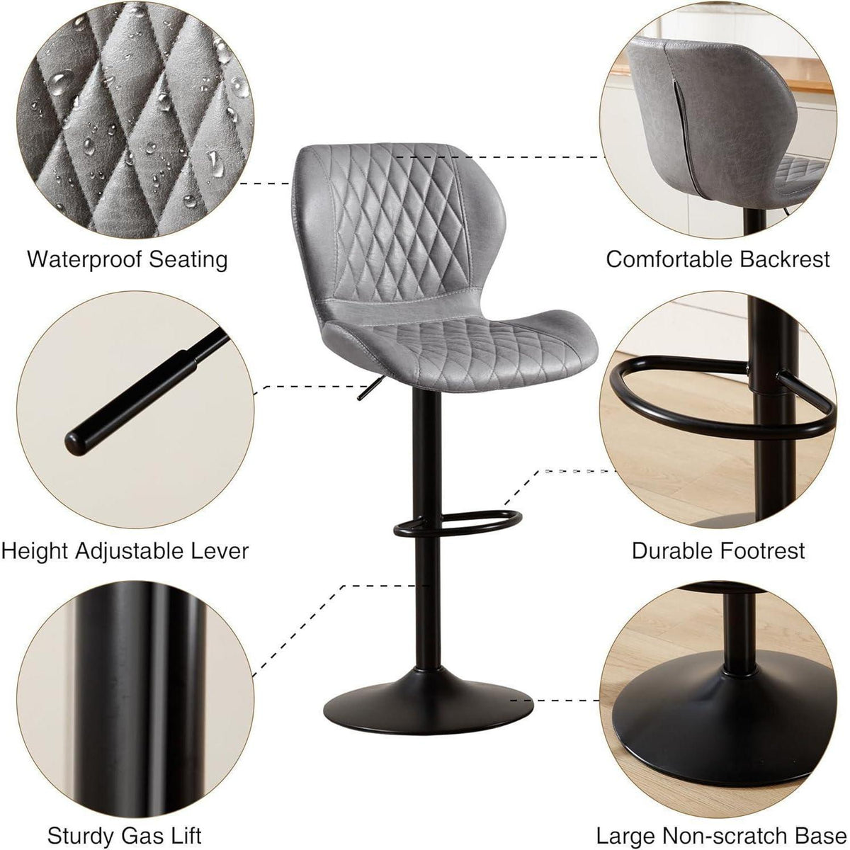 Barhocker mit Lehne, Höhenverstellbar, Grau, 4er Set