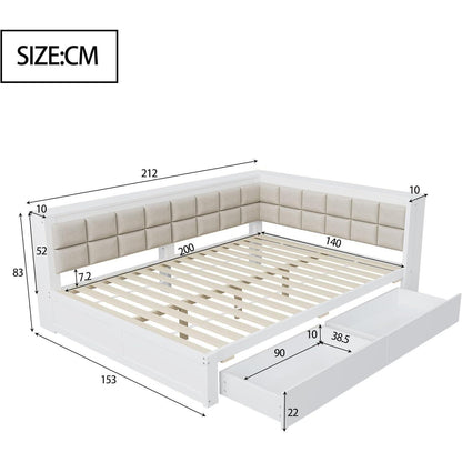 Holzbett 140x200 mit Stauraum & weicher Rückenlehne – Weiß