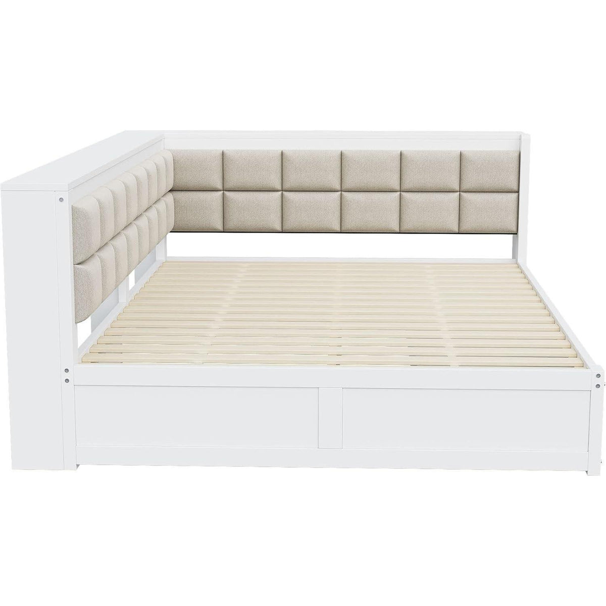 Holzbett 140x200 mit Stauraum & weicher Rückenlehne – Weiß