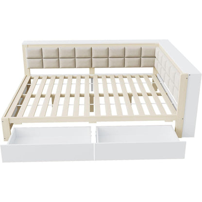 Holzbett 140x200 mit Stauraum & weicher Rückenlehne