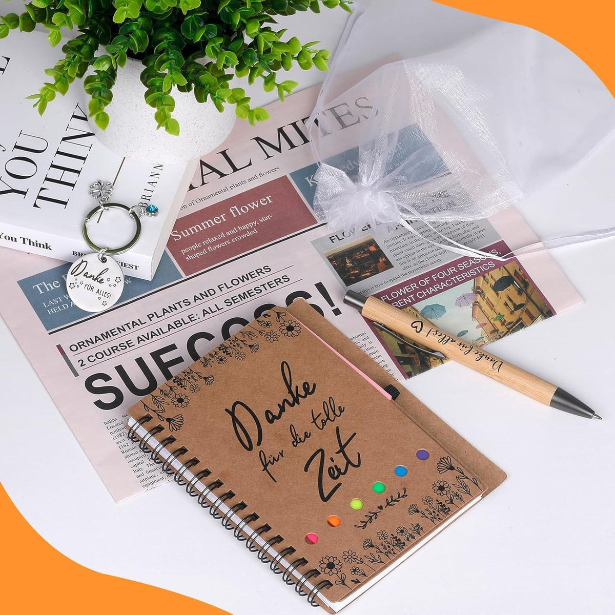 Dankeschön Geschenkset: Notizbuch, Stift, Schlüsselanhänger & Beutel