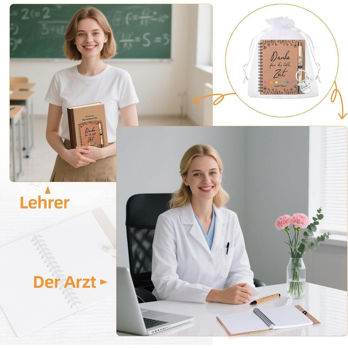 Dankeschön Geschenkset: Notizbuch, Stift, Schlüsselanhänger & Beutel