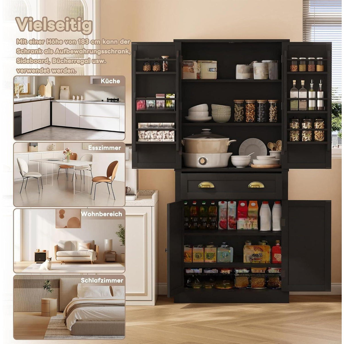 Küchenschrank Schwarz 80x40x182cm | Hochschrank mit Schublade & Ablagen