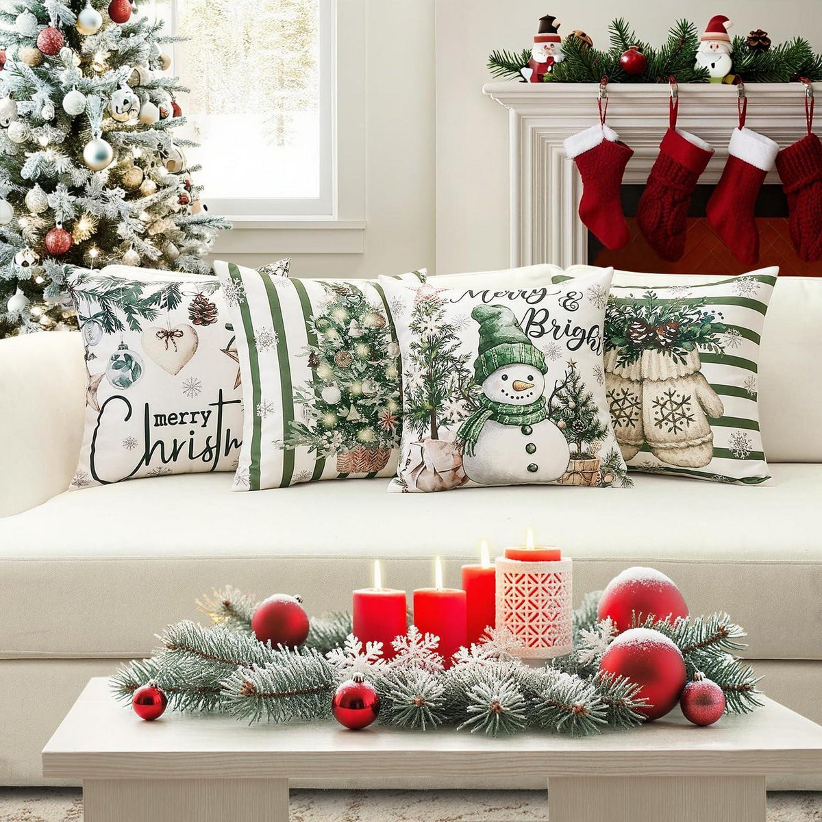 Weihnachtliche Kissenbezüge 4er Set, 45x45 cm, Schneemann Grün