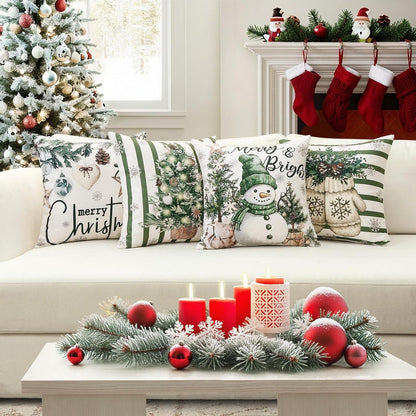 Weihnachtliche Kissenbezüge 4er Set, 45x45 cm, Schneemann Grün