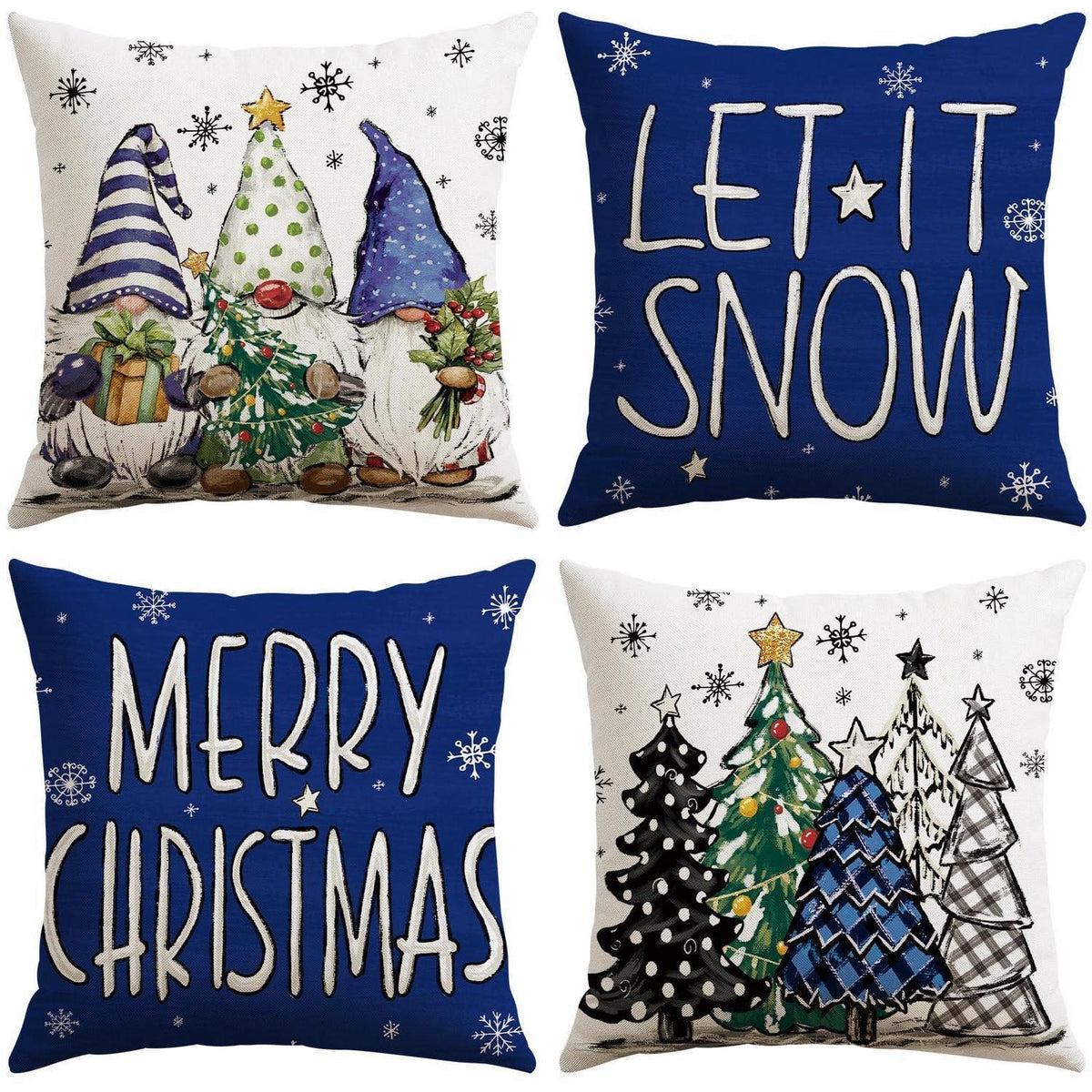 Weihnachtliche Kissenbezüge 4er Set – Zwerg & Weihnachtsbaum Dunkelblau