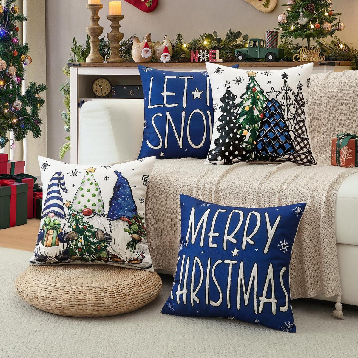Weihnachtliche Kissenbezüge 4er Set – Zwerg & Weihnachtsbaum Dunkelblau