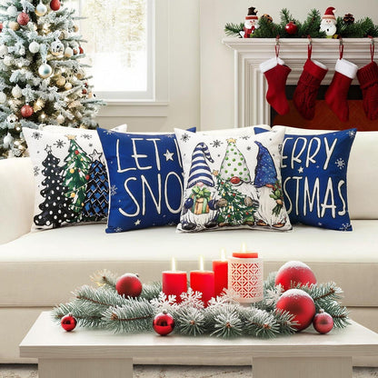 Weihnachtliche Kissenbezüge 4er Set – Zwerg & Weihnachtsbaum Dunkelblau