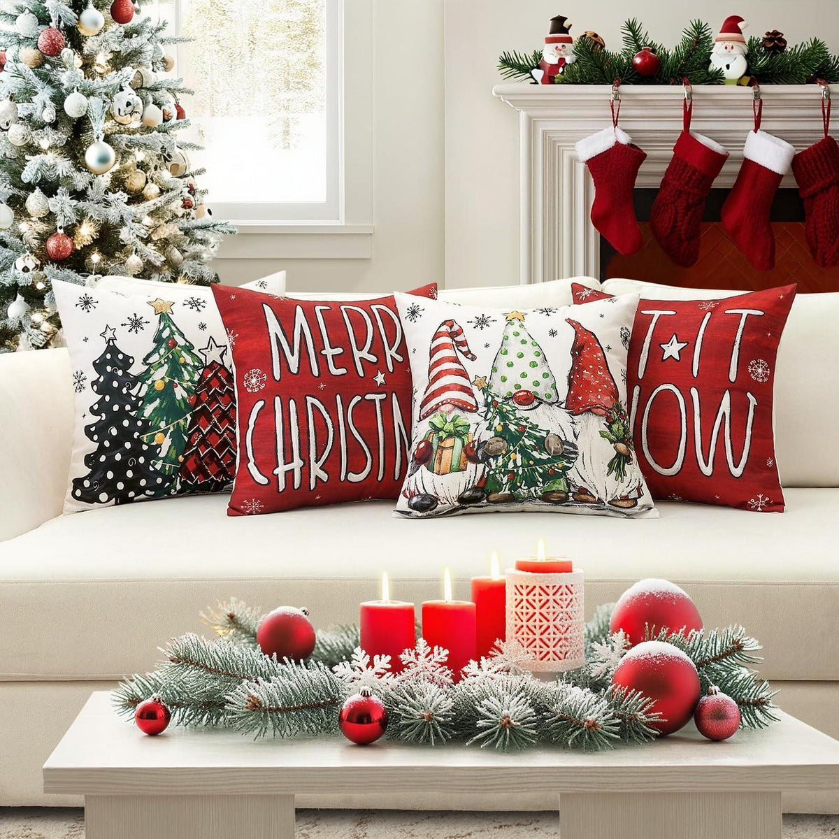 Weihnachtskissenbezüge 4er Set – Zwerg & Weihnachtsbaum Rot 50x50 cm