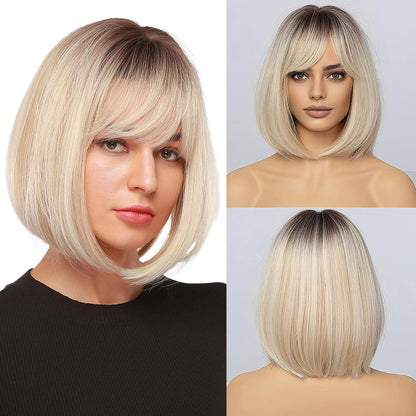 Ombre Platinblond Bob Perücke mit Pony – Synthetisch & Verstellbar