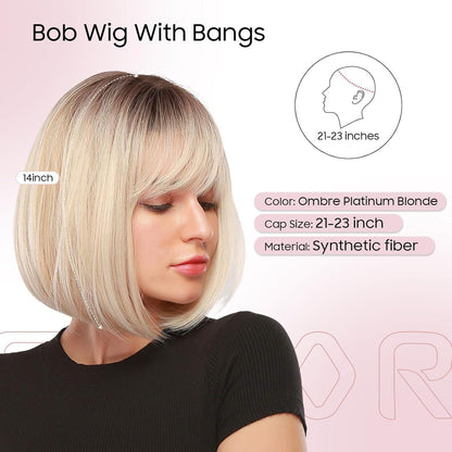 Ombre Platinblond Bob Perücke mit Pony – Synthetisch & Verstellbar