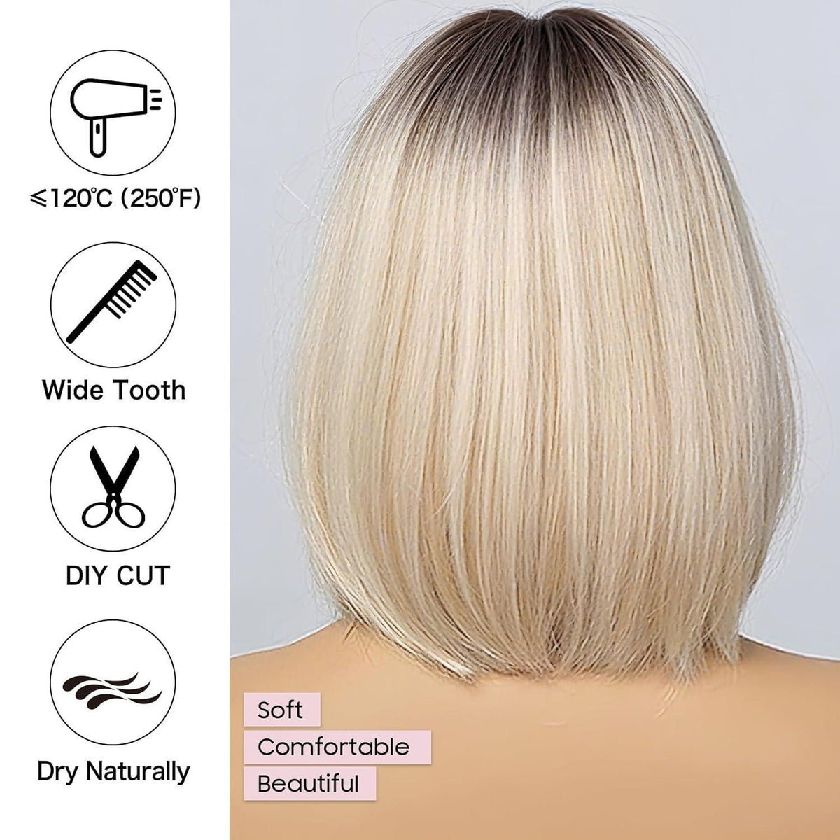 Ombre Platinblond Bob Perücke mit Pony – Synthetisch & Verstellbar