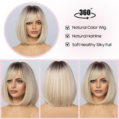 Ombre Platinblond Bob Perücke mit Pony – Synthetisch & Verstellbar