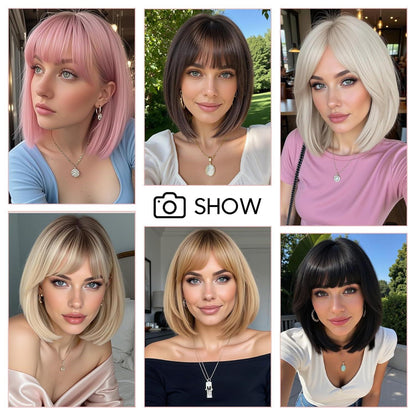 Ombre Platinblond Bob Perücke mit Pony – Synthetisch & Verstellbar