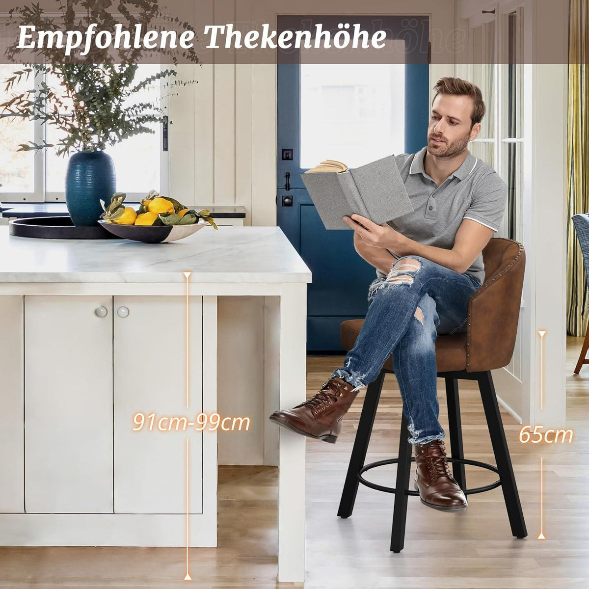 Drehbarer Barhocker mit Lehne – Braun, 65cm hoch