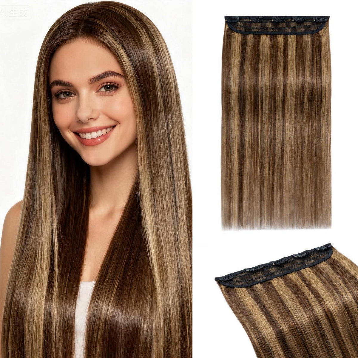 Clip In Haarverlängerung Echthaar Mittelbraun/Dunkelblond 50cm