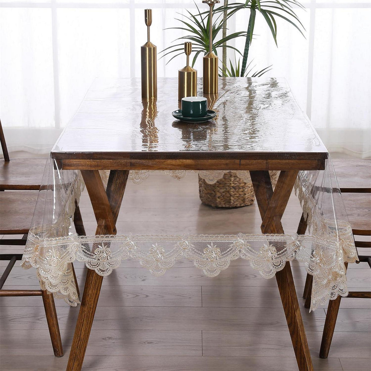 Abwischbare Tischdecke mit Spitzenrand, Khaki, 180x300 cm
