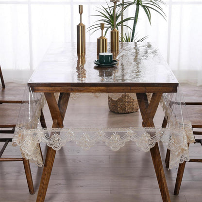 Abwischbare Tischdecke mit Spitzenrand, Khaki, 180x300 cm
