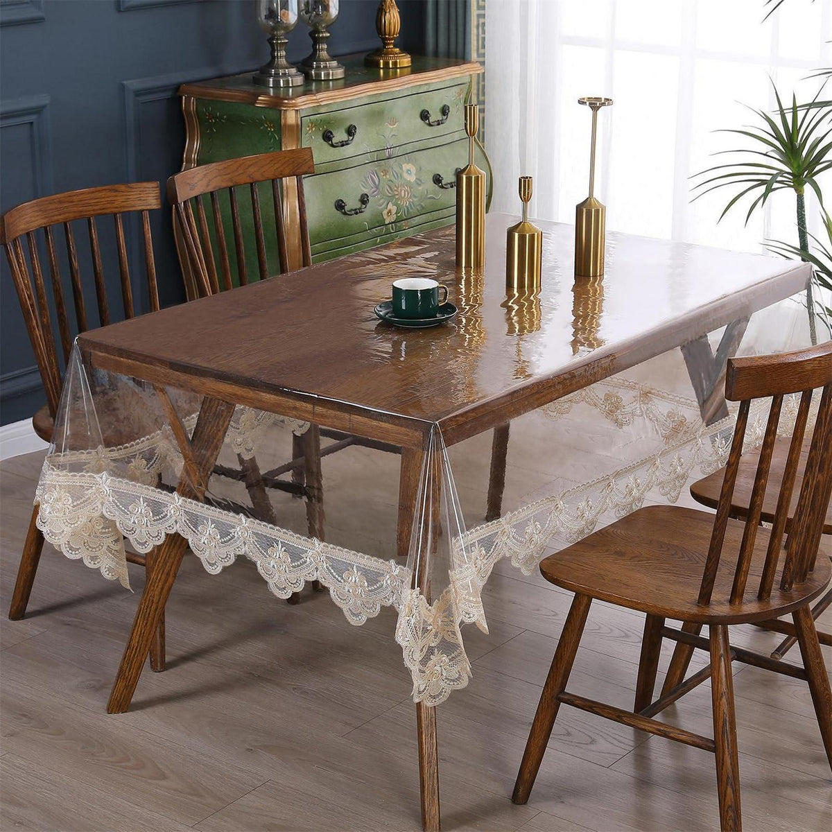 Abwischbare Tischdecke mit Spitzenrand, Khaki, 180x300 cm