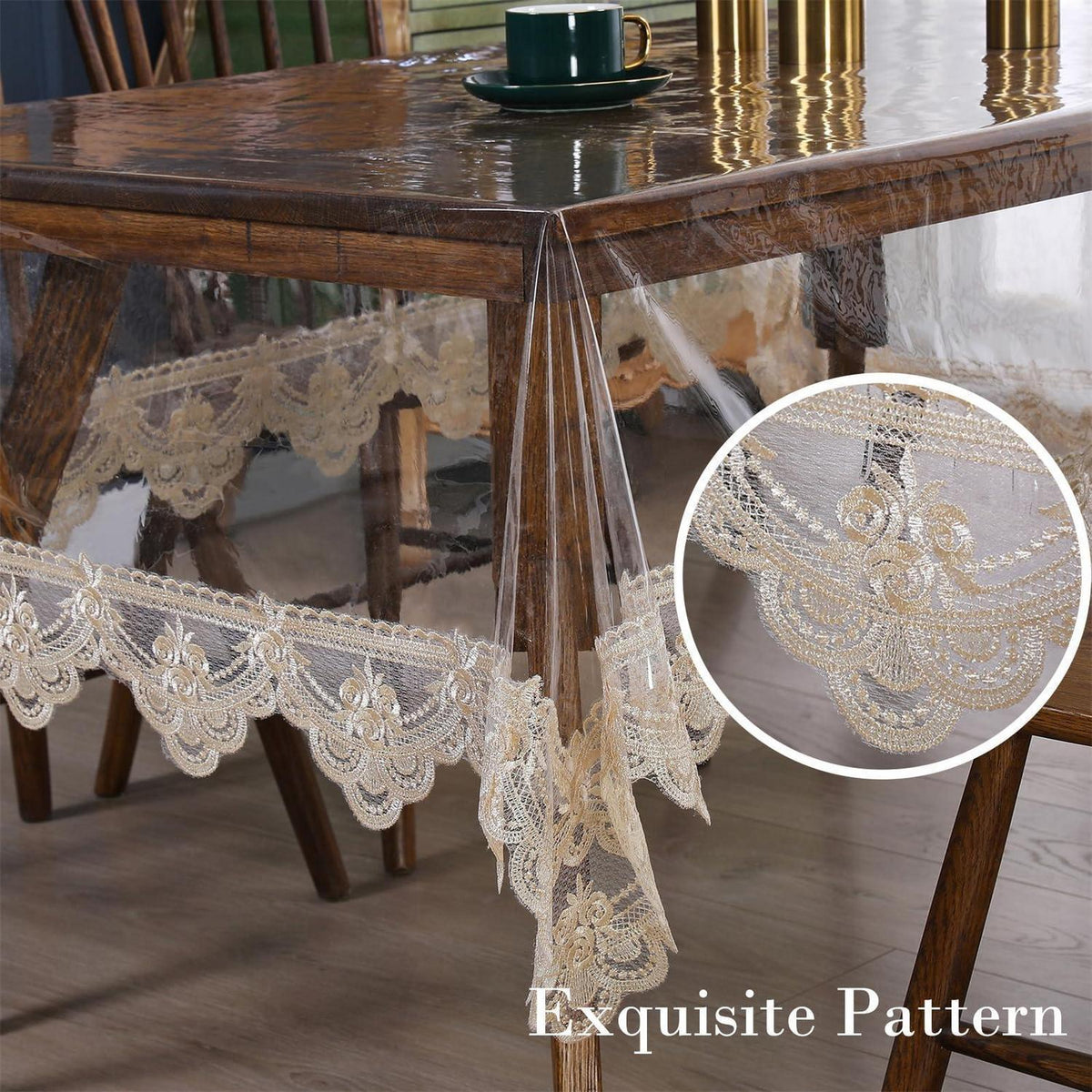 Abwischbare Tischdecke mit Spitzenrand, Khaki, 180x300 cm