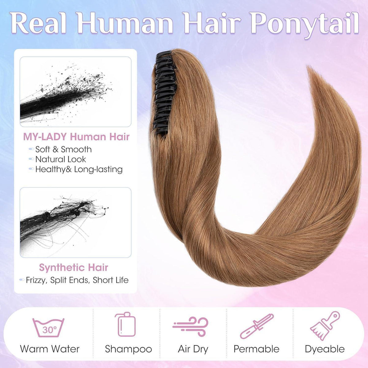 Echthaar Zopfverlängerung Hellbraun 35cm mit Clip