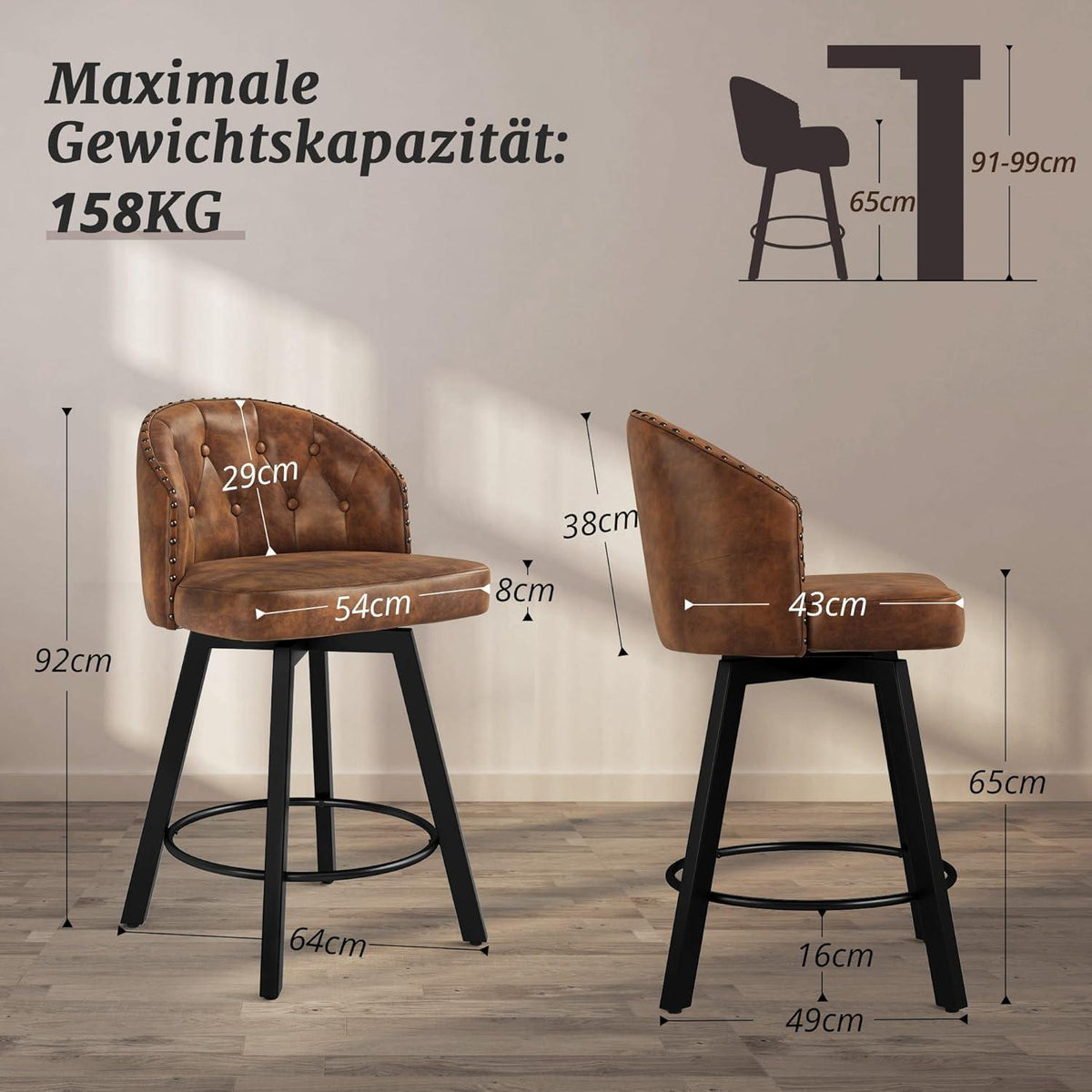 Drehbarer Barhocker Set Braun – Komfortabler Barstuhl mit Lehne