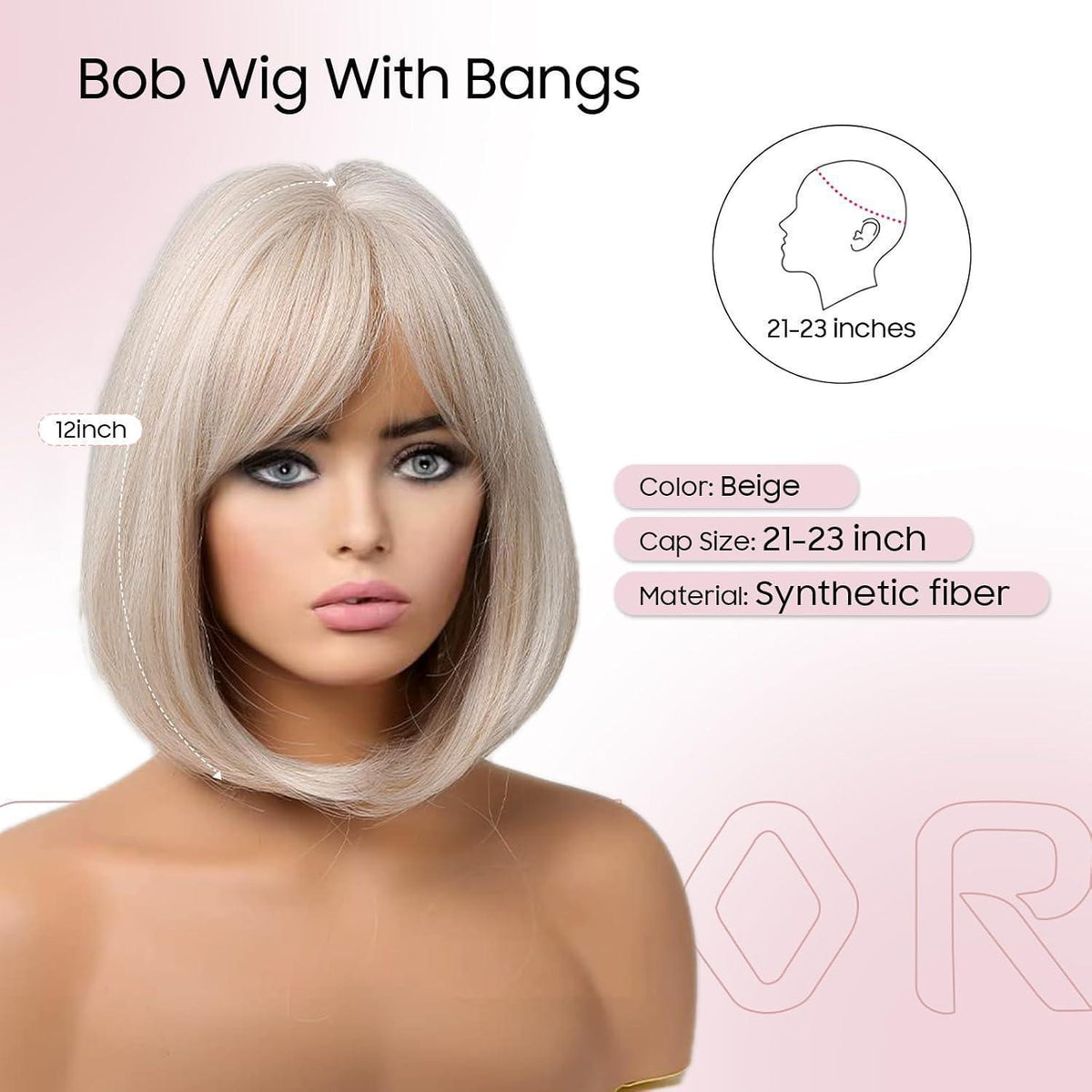 Bob Perücke mit Pony, Beige – Synthetische Damen Perücke