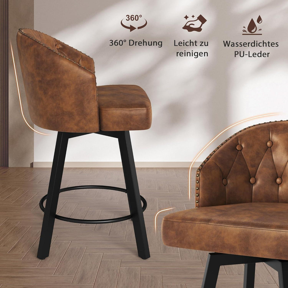 Drehbarer Barhocker Set Braun – 4er Pack mit Lehne