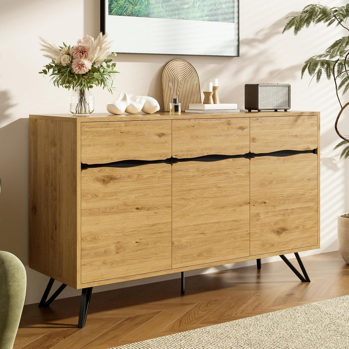 Modernes Sideboard mit 3 Türen | Holzoptik & Metallbeine