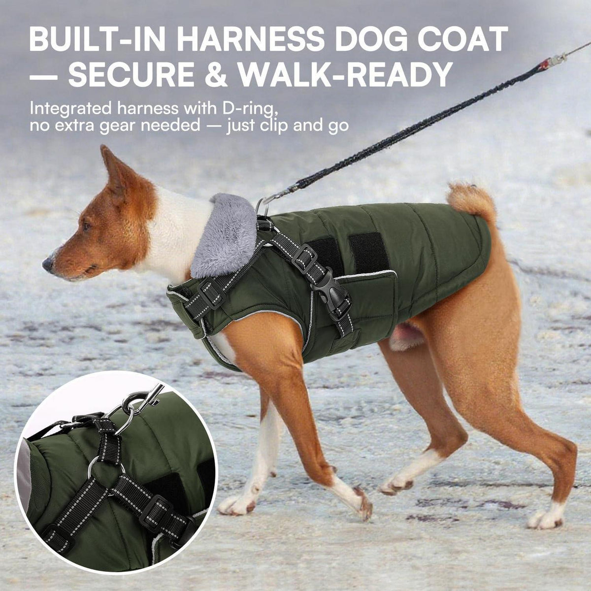 Warmer, wasserdichter Hundemantel Grün S | Winterjacke mit Geschirr