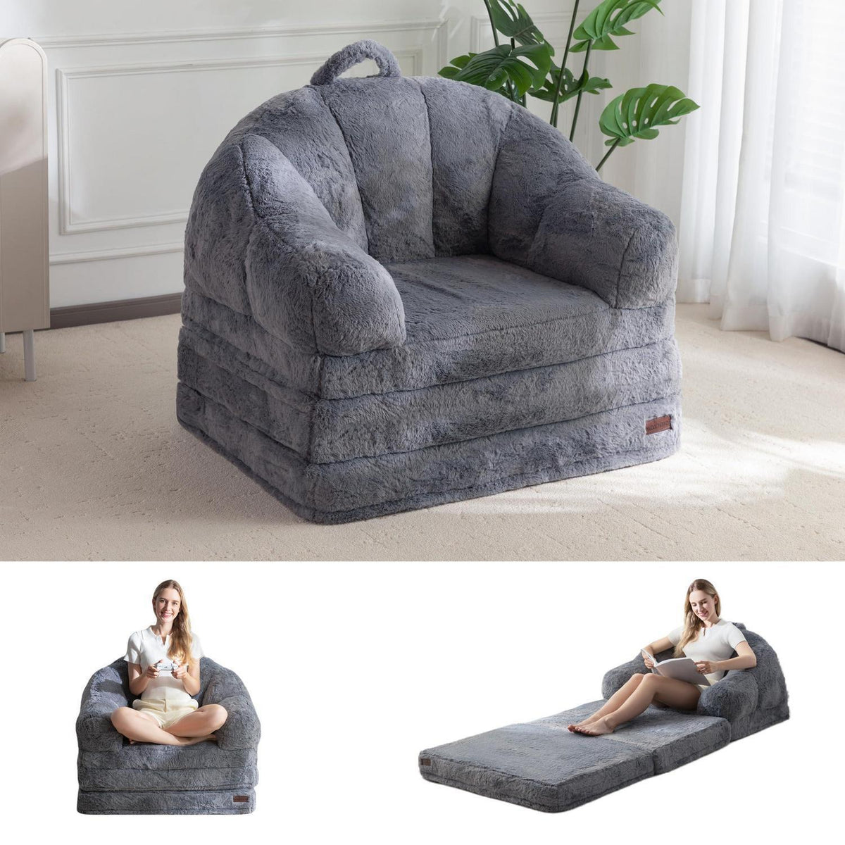 Klappsofa mit Kunstfell – Bequemer Sitzsack & Schlafsessel Grau