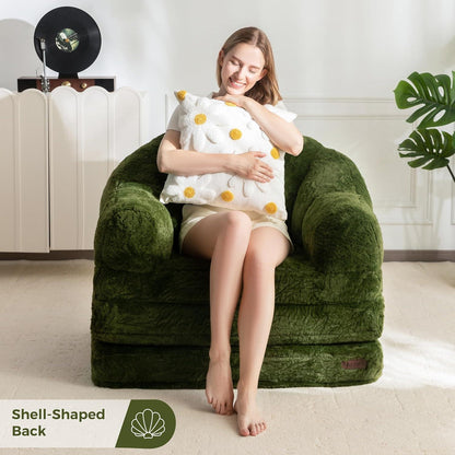 Klappsofa mit Kunstfell – Bequemer Sitzsack & Schlafsessel Dunkelgrün