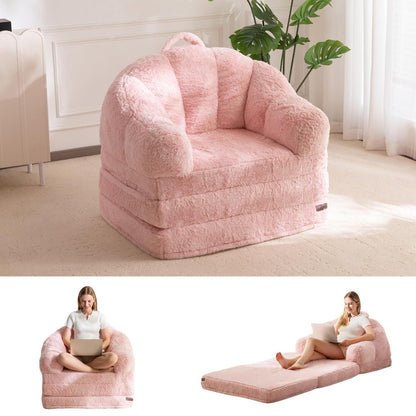 Rosa Klappsofa mit Kunstfell – Bequemer Schlafsessel