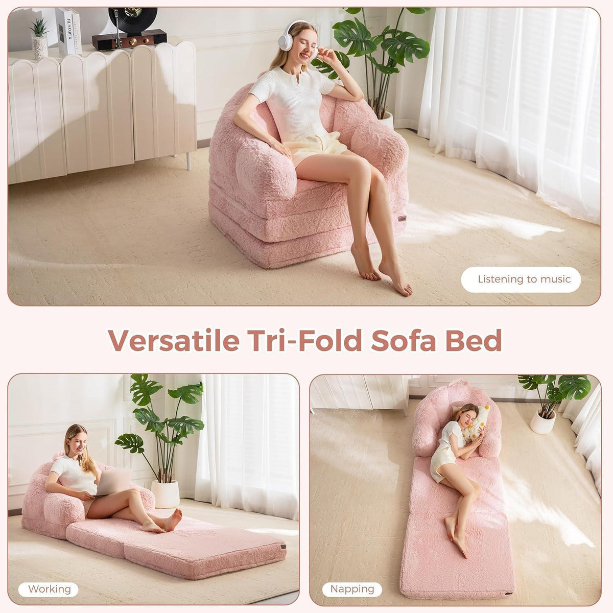 Rosa Klappsofa mit Kunstfell – Bequemer Schlafsessel