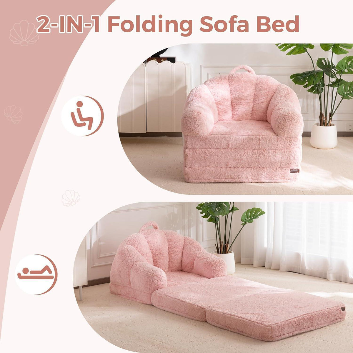 Rosa Klappsofa mit Kunstfell – Bequemer Schlafsessel