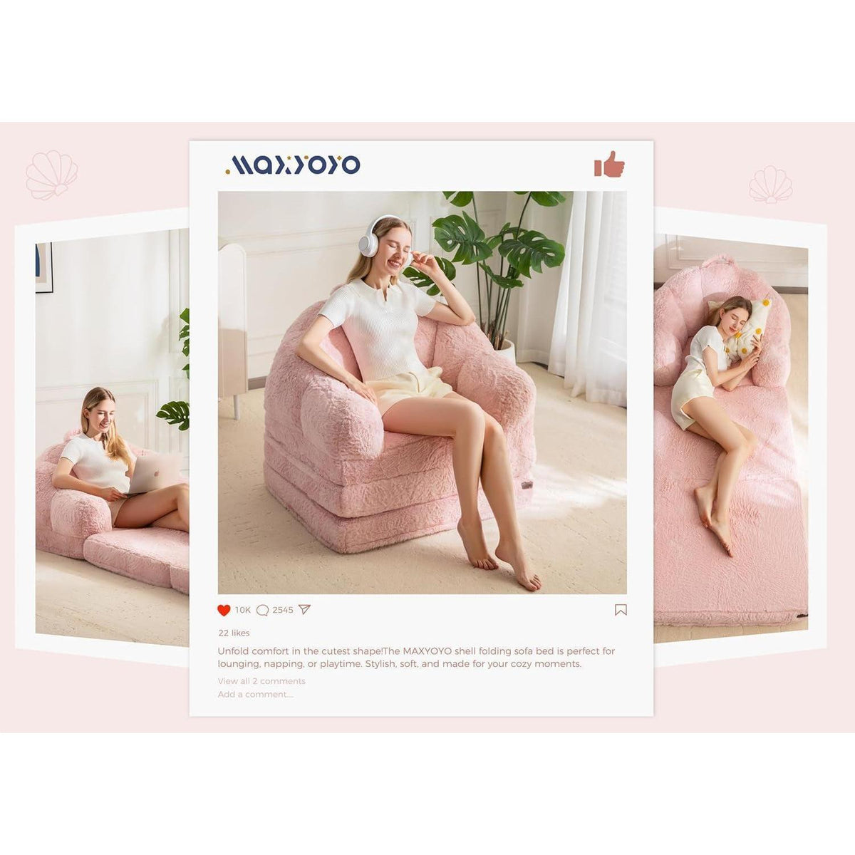 Rosa Klappsofa mit Kunstfell – Bequemer Schlafsessel