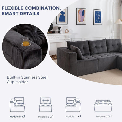 MAXYOYO Ecksofa Cord Stoff mit Getränkehaltern, Modular & Bequem