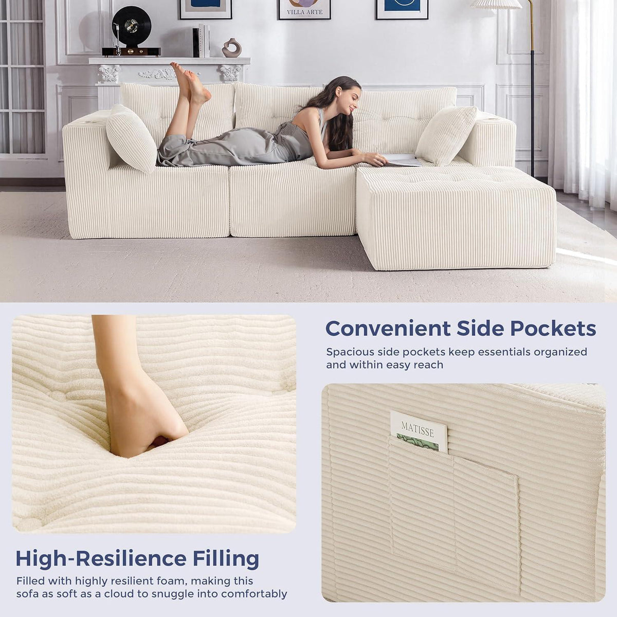 MAXYOYO Ecksofa Cord Stoff mit Getränkehaltern, Modular & Bequem
