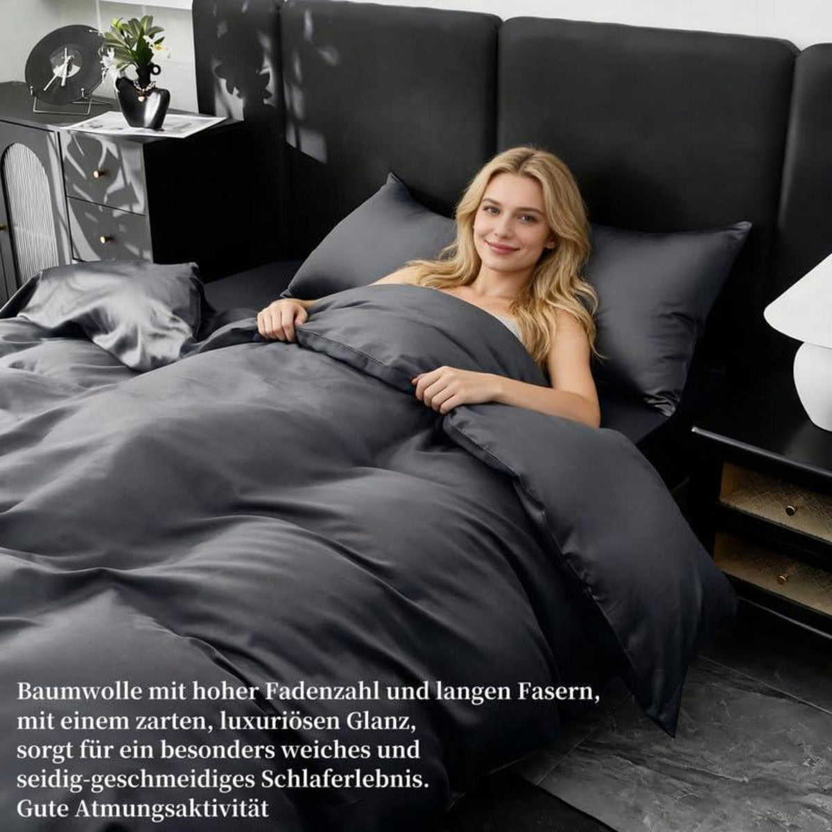 Mako Satin Bettwäsche Set 135x200 Grau – 4tlg. Baumwolle