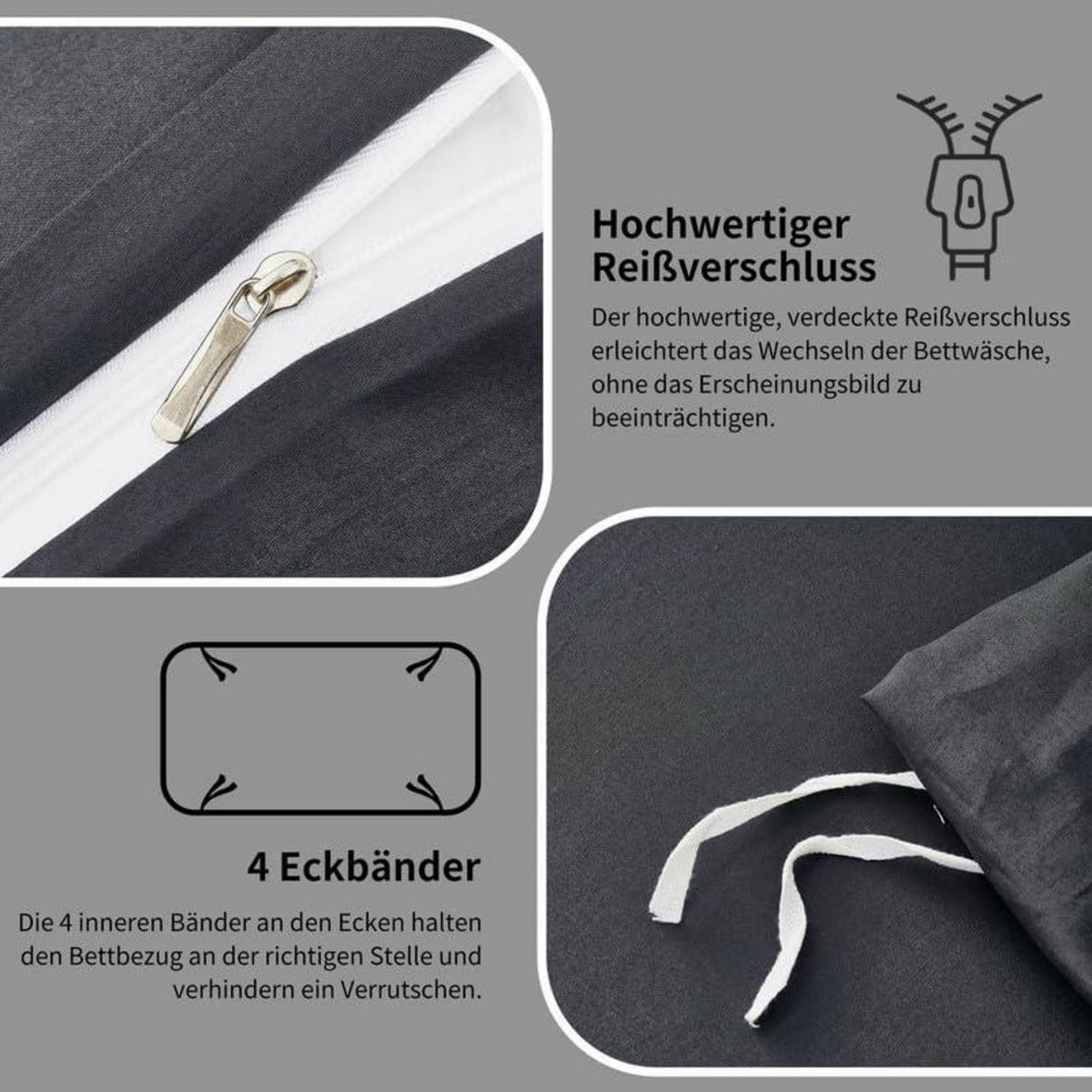 Mako Satin Bettwäsche Set 135x200 Grau – 4tlg. Baumwolle