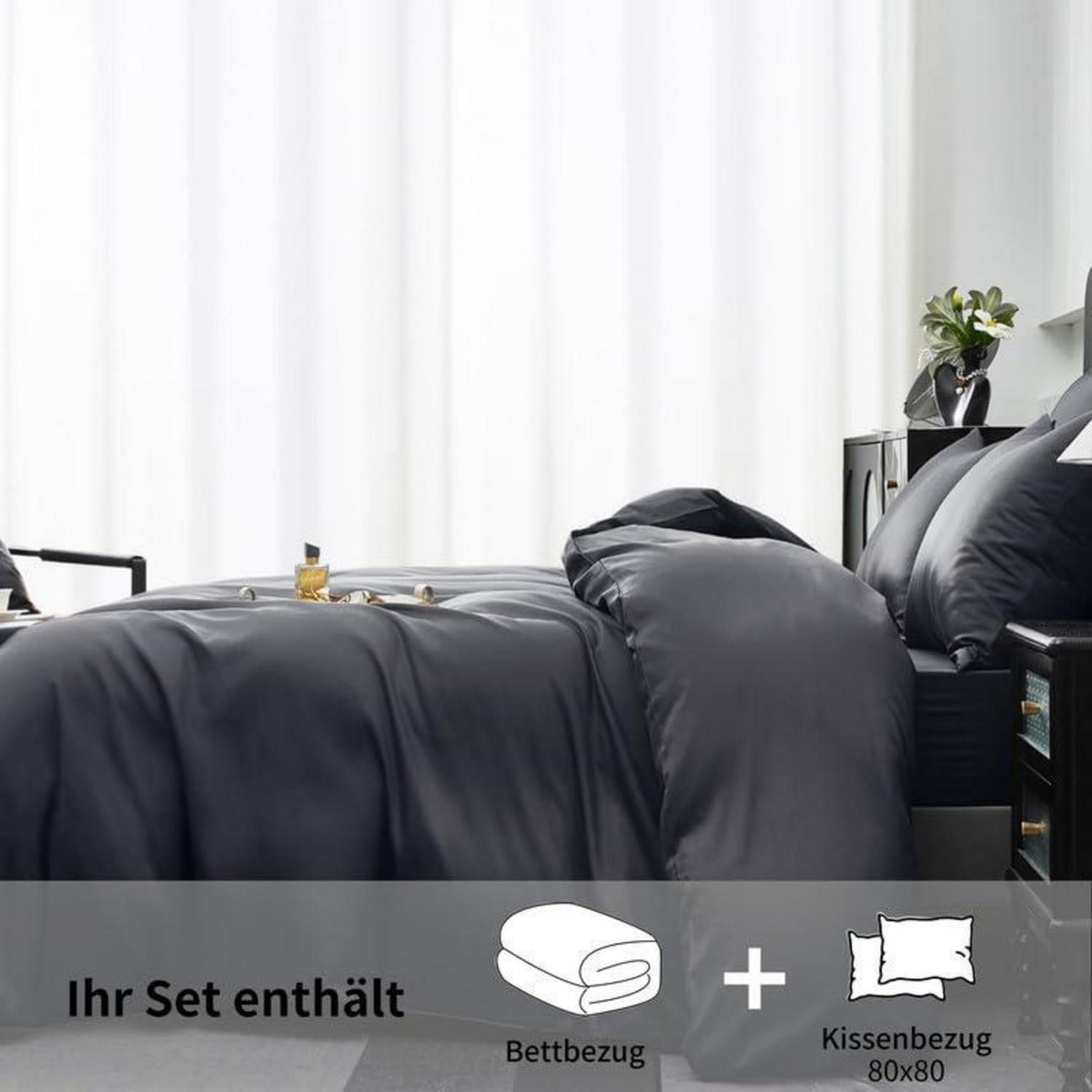 Mako Satin Bettwäsche Set 135x200 Grau – 4tlg. Baumwolle