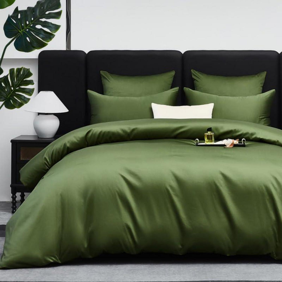 Olivgrüne Bettwäsche Set 200x200cm | 3-teilig, Mako Satin Baumwolle