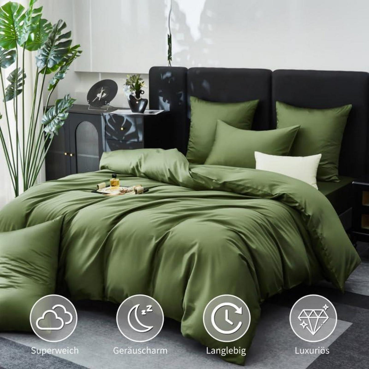 Olivgrüne Bettwäsche Set 200x200cm | 3-teilig, Mako Satin Baumwolle